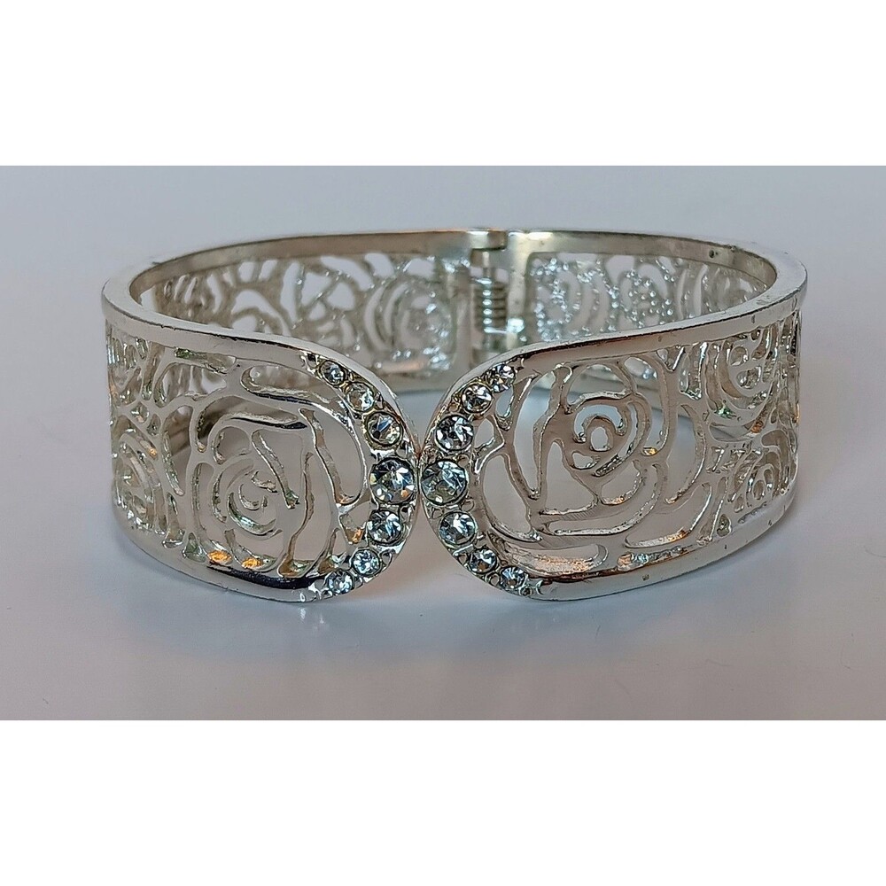 Vintage Hinged Clamper Bracelet Silver Tone Roses Rhinestones Floral Filagree 7"